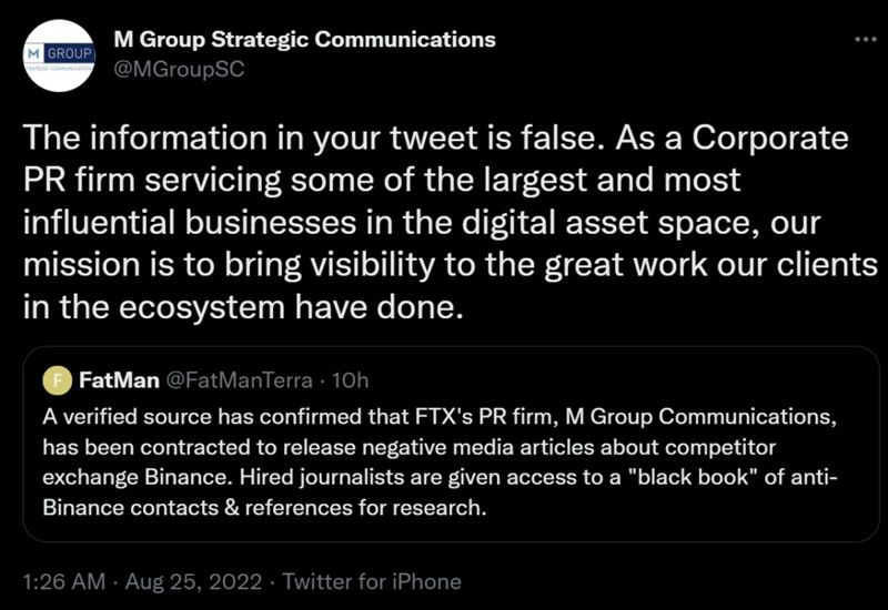 公链Terra研究员爆料FTX聘用公关抹黑币安！M Group出面否认-第4张图片-币安app官方下载最新版