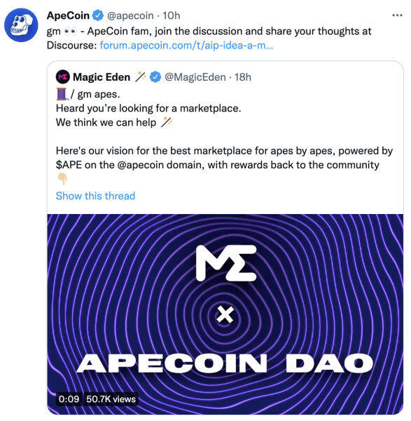 Magic Eden拉拢ApeCoinDAO 期望创建低交易费专属NFT市场-第3张图片-币安app下载