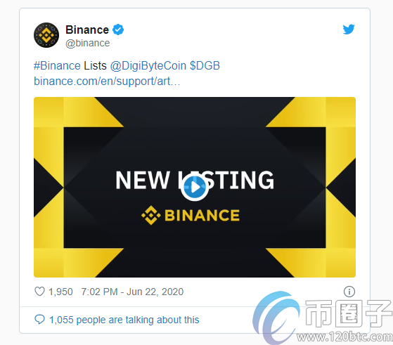 Binance上市后DGB的价格上涨了35％