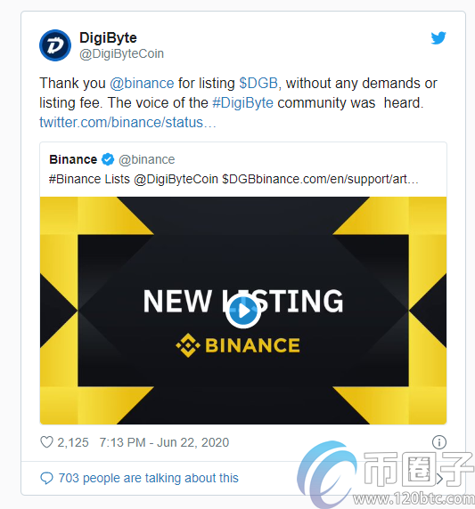 Binance上市后DGB的价格上涨了35％