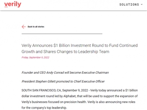 Alphabet旗下的生命科学公司Verily宣布完成10亿美元新一轮融资