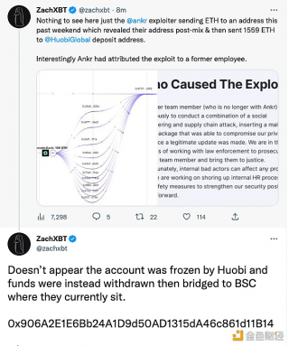 ZachBT：ankr开发者在上周末将1559 TH转移到火币全球存款地址