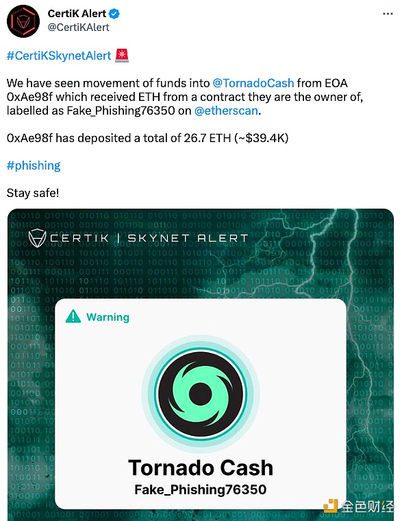 被Etherscan标记为“Fake_Phishing76350”的EOA账户地址已将资金转至Tornado Cash-第1张图片-币安app下载