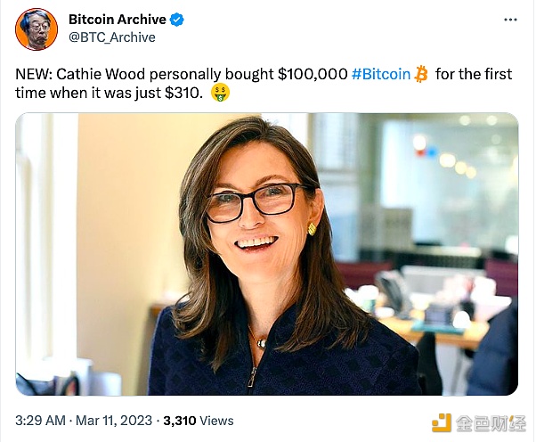 Cathie Wood以310美元的价格购买了10万美元的比特币-第1张图片-币安app下载